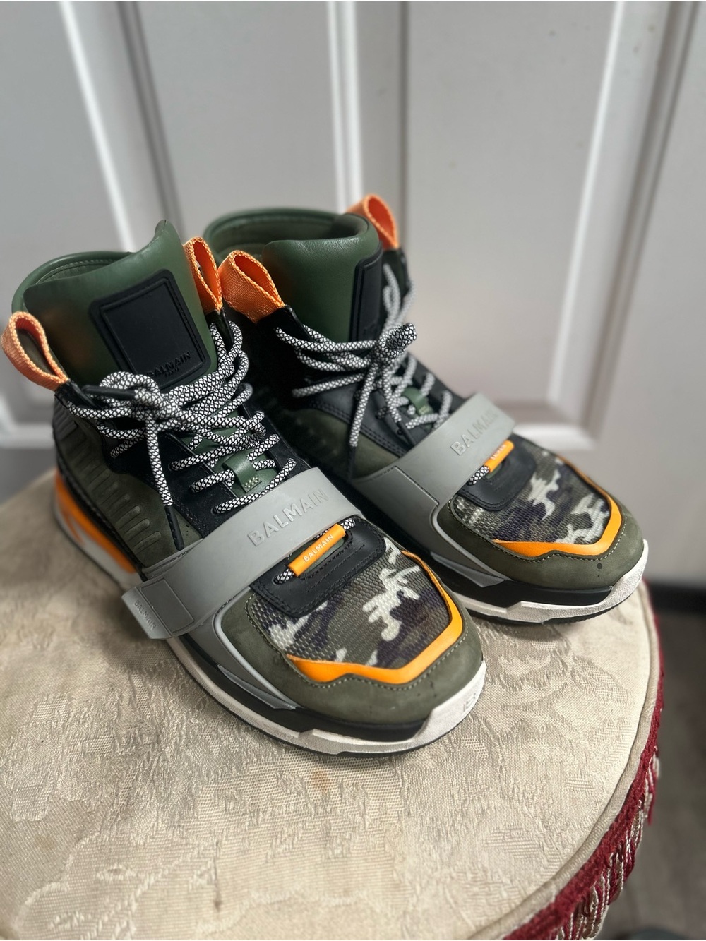 Sz 12- Balmain  B Ball Panelled in Orange Green Camouflage High-Top Sneakers